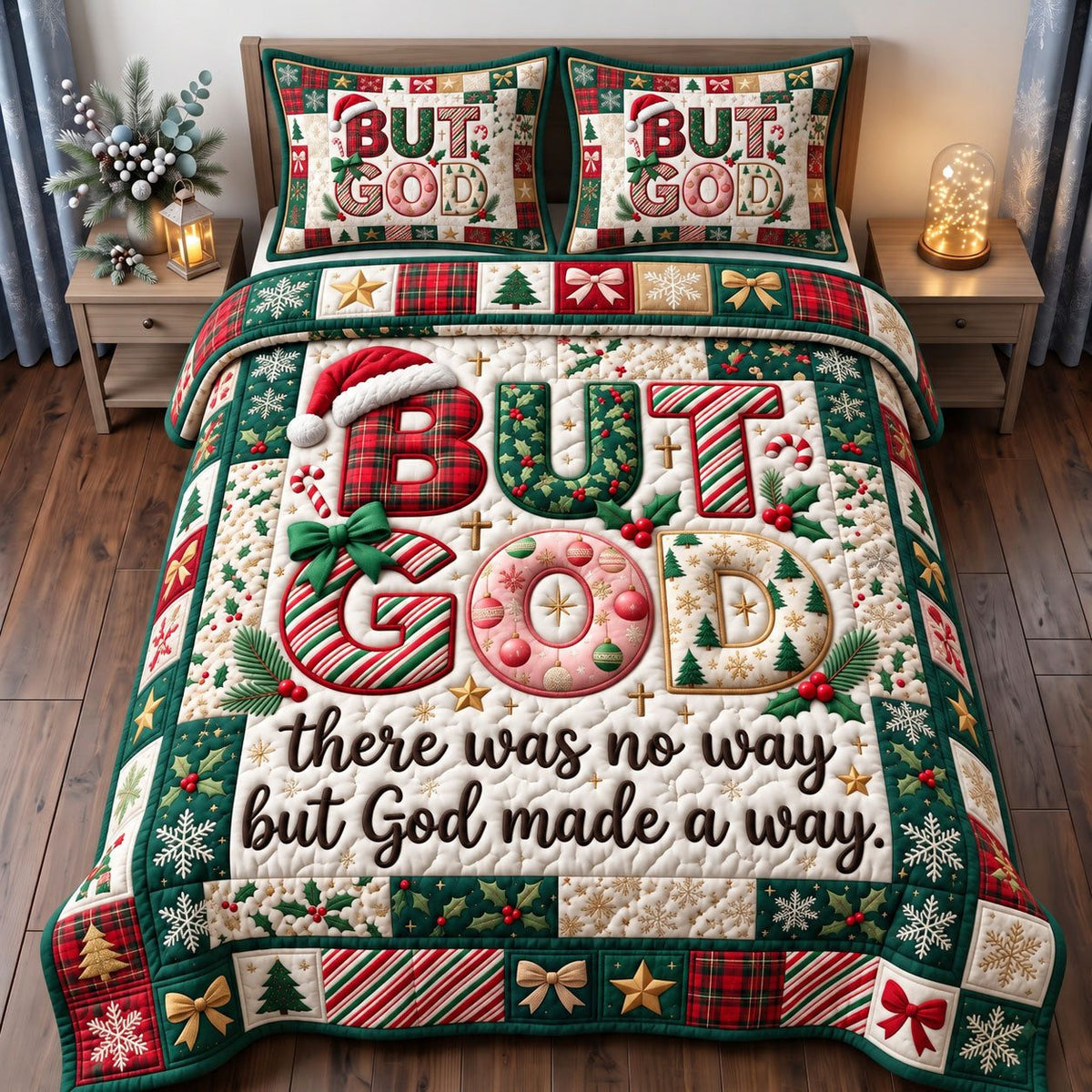 But God Made A Way Christmas quilted 3-piece bedding set on a made bed in a winter-styled bedroom