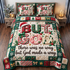 But God Made A Way Christmas quilted 3-piece bedding set on a made bed in a winter-styled bedroom