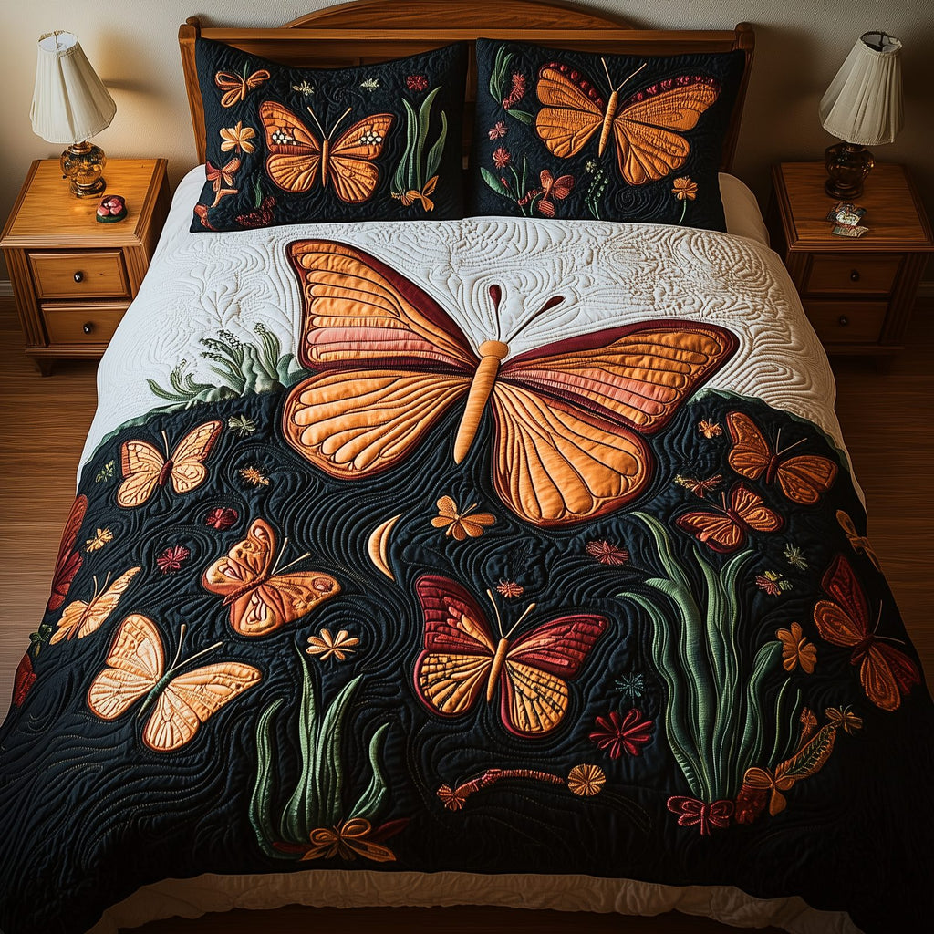 Butterflies Deep Night 3-Piece Quilted Bedding Set GFTOTL1259 quilted 3-piece bedding set on a made bed with two matching pillow shams