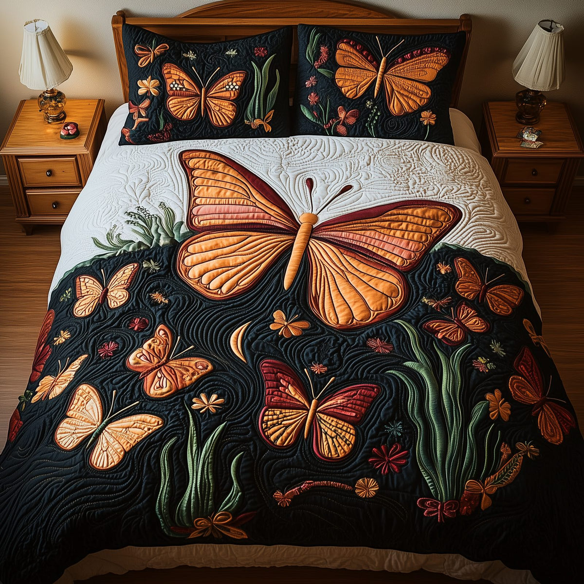 Butterflies Deep Night 3-Piece Quilted Bedding Set GFTOTL1259 quilted 3-piece bedding set on a made bed with two matching pillow shams