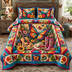 Butterfly Country Garden quilted 3-piece bedding set on a made bed in a farmhouse bedroom