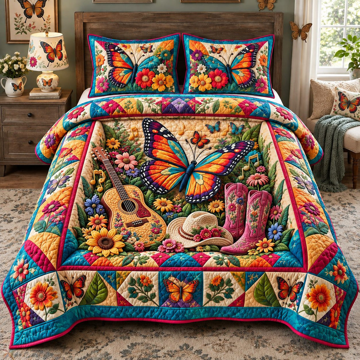 Butterfly Country Garden quilted 3-piece bedding set on a made bed in a farmhouse bedroom