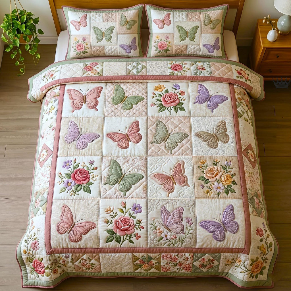 Butterfly Dream 3-Piece Quilted Bedding Set GFTOMA11126 quilted 3-piece bedding set on a made bed with two matching pillow shams