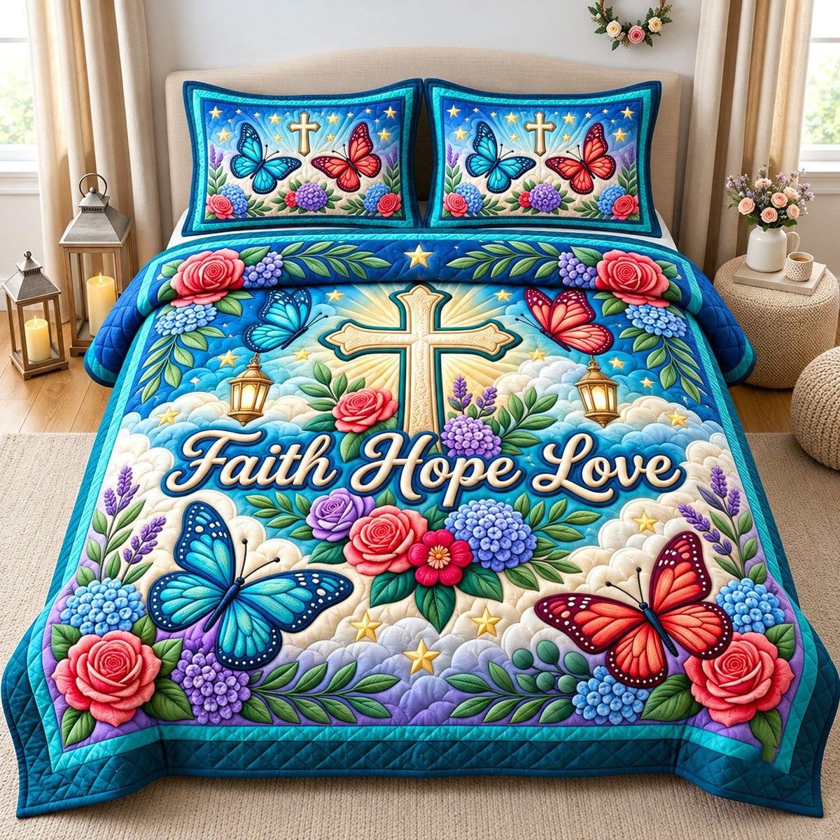 Butterfly Faith Hope Love quilted 3-piece bedding set on a made bed in a softly lit bedroom