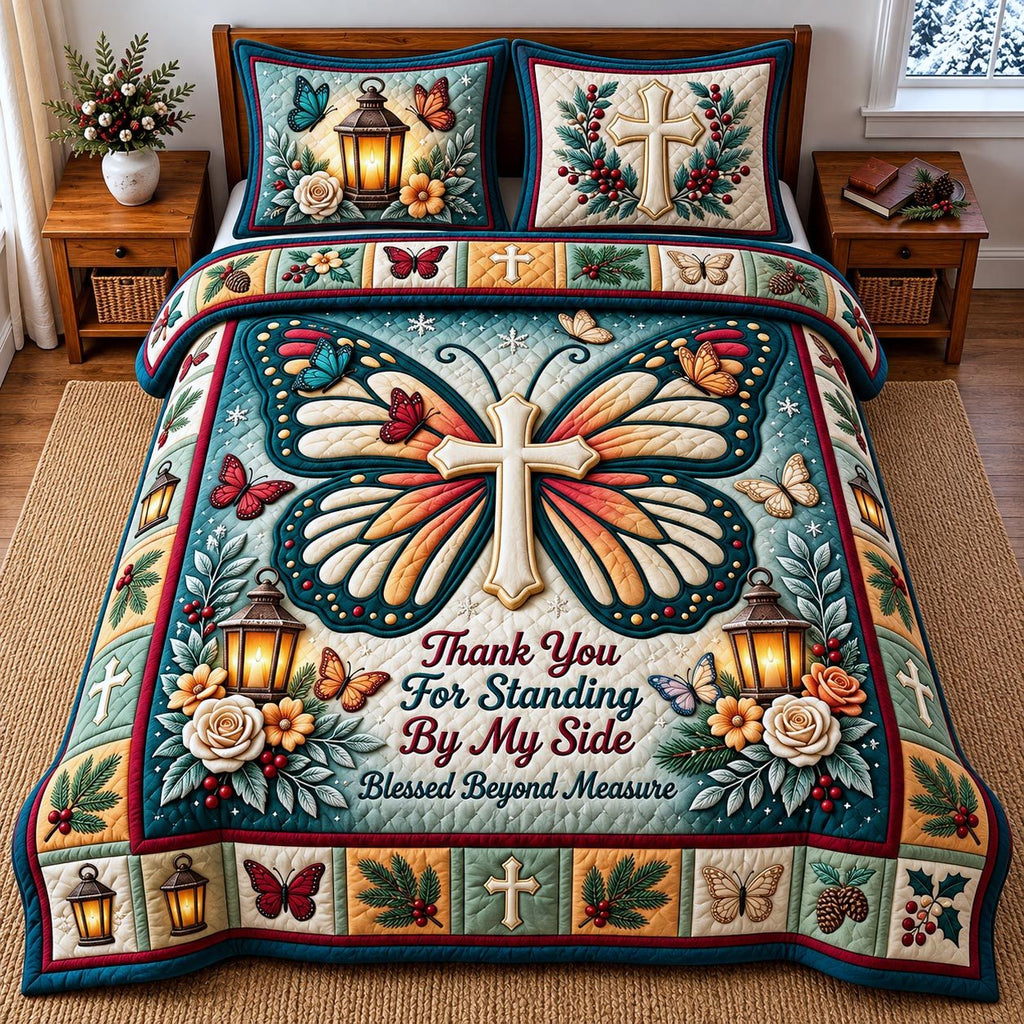 Butterfly Friendship quilted 3-piece bedding set on a made bed with two matching pillow shams