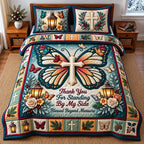 Butterfly Friendship quilted 3-piece bedding set on a made bed with two matching pillow shams
