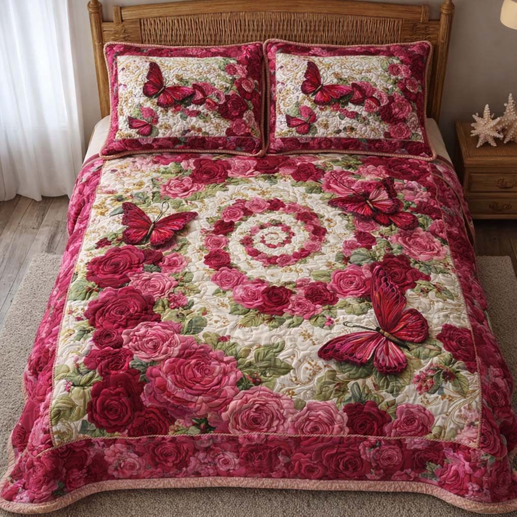Butterfly Garden 3-Piece Quilted Bedding Set GFTOQM2337 quilted 3-piece bedding set on a made bed with two matching pillow shams