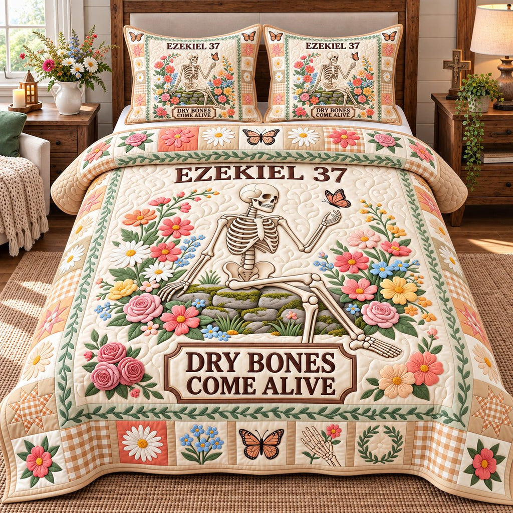 Butterfly Garden Dry Bones Come Alive quilted 3-piece bedding set on a made bed against a dark styled interior
