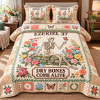 Butterfly Garden Dry Bones Come Alive quilted 3-piece bedding set on a made bed against a dark styled interior