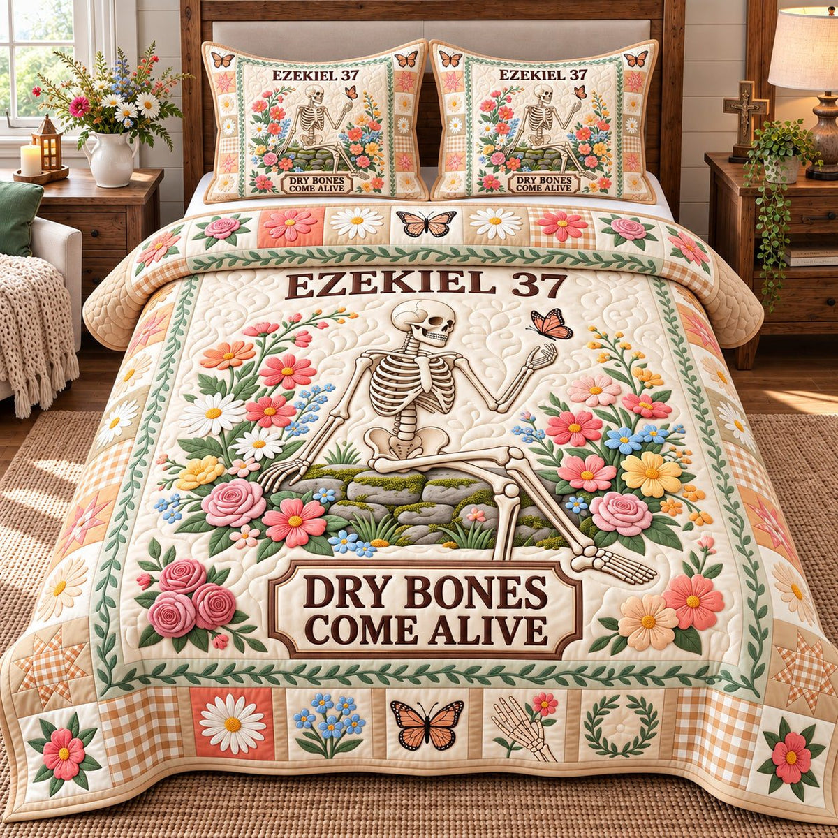Butterfly Garden Dry Bones Come Alive quilted 3-piece bedding set on a made bed against a dark styled interior
