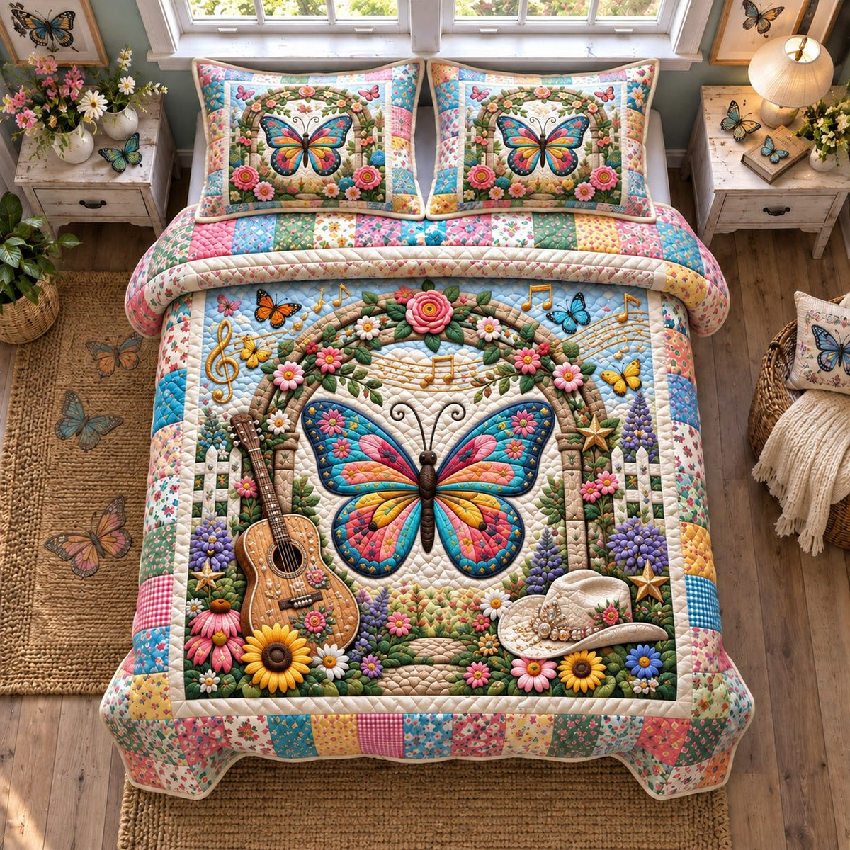 Butterfly Garden Melody quilted 3-piece bedding set on a made bed with two matching pillow shams