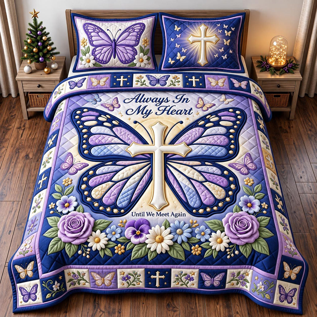 Butterfly Heart quilted 3-piece bedding set on a made bed with two matching pillow shams