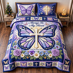 Butterfly Heart quilted 3-piece bedding set on a made bed with two matching pillow shams