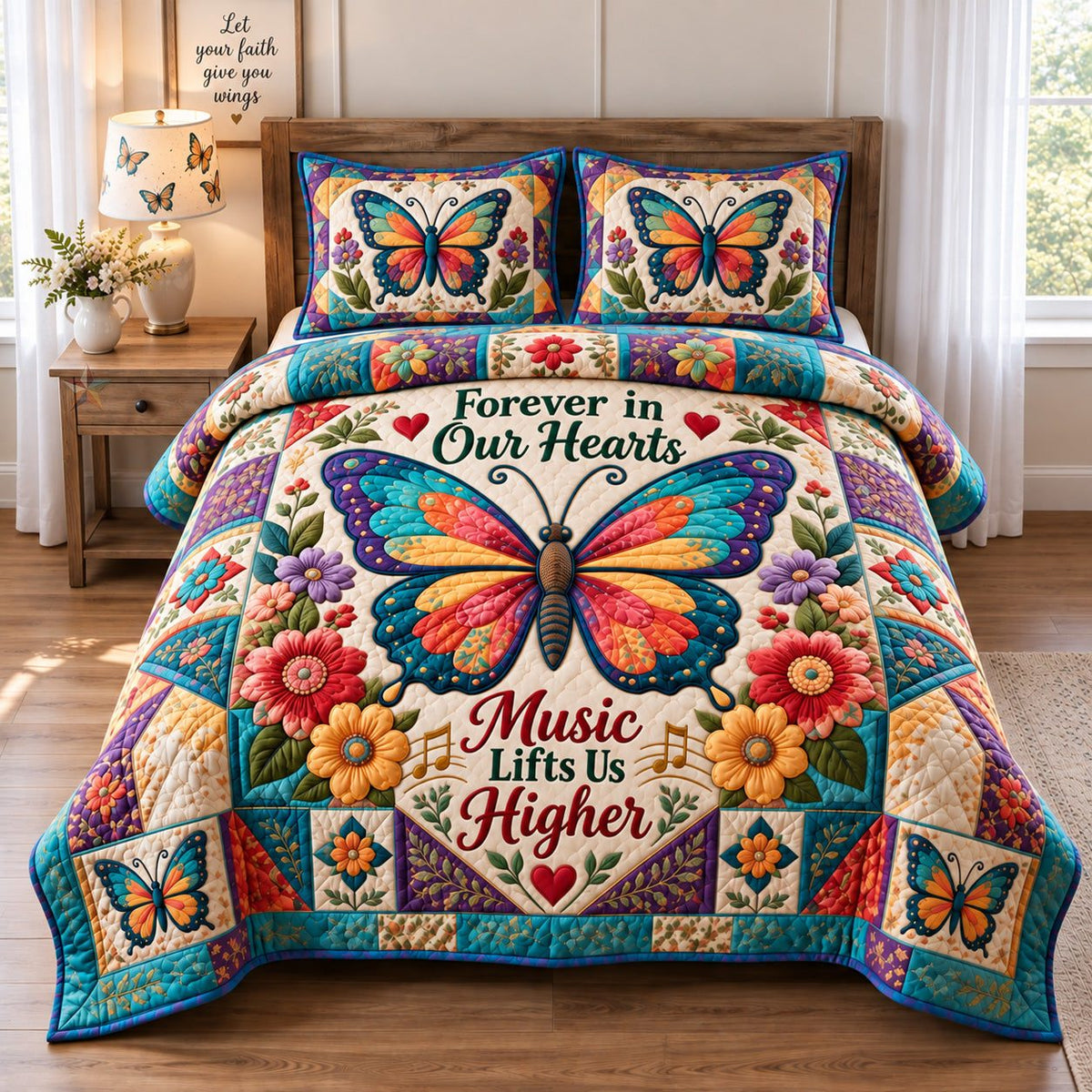 Butterfly Music Memories quilted 3-piece bedding set on a made bed with two matching pillow shams