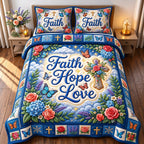 Butterfly Rose Faith Hope Love quilted 3-piece bedding set on a made bed in a softly lit bedroom