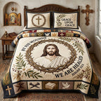 By His Wounds quilted 3-piece bedding set on a made bed with two matching pillow shams