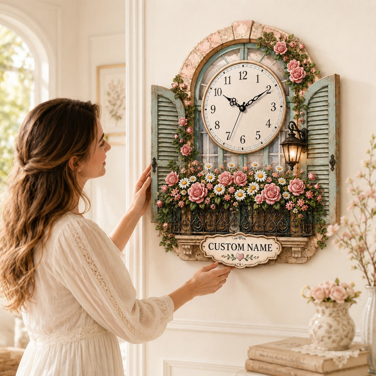 Rose window Custom Name Wall Clock — personalized with a custom name