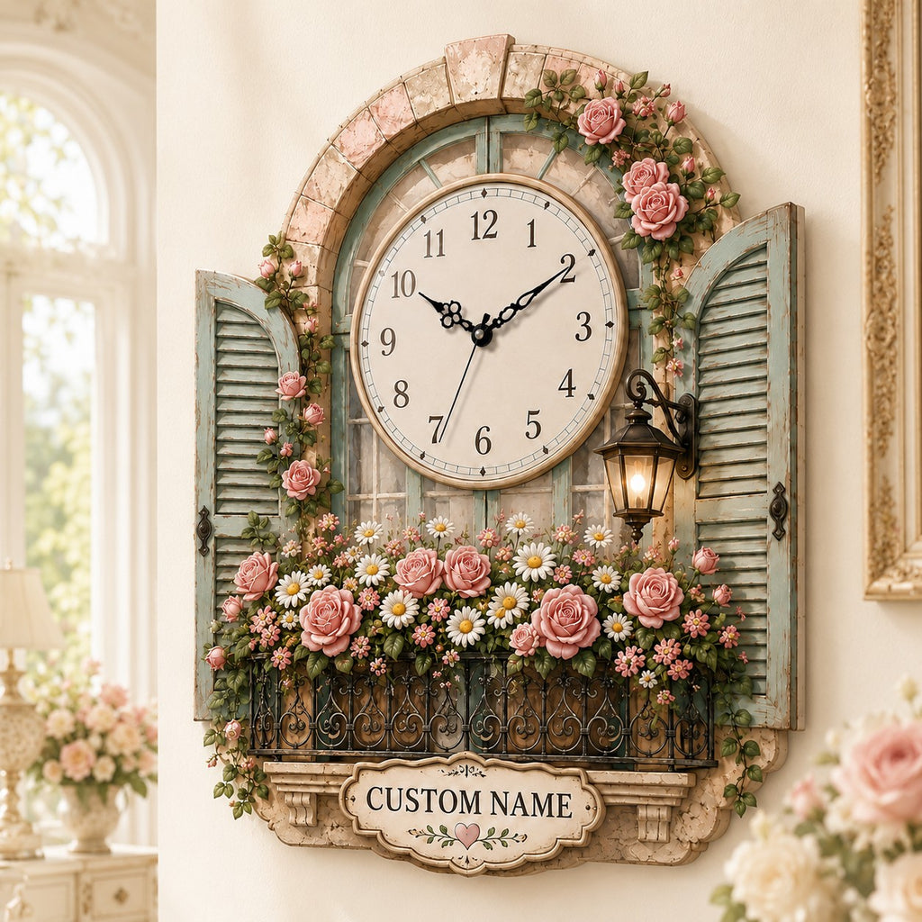 Rose window Custom Name Wall Clock — personalized with a custom name