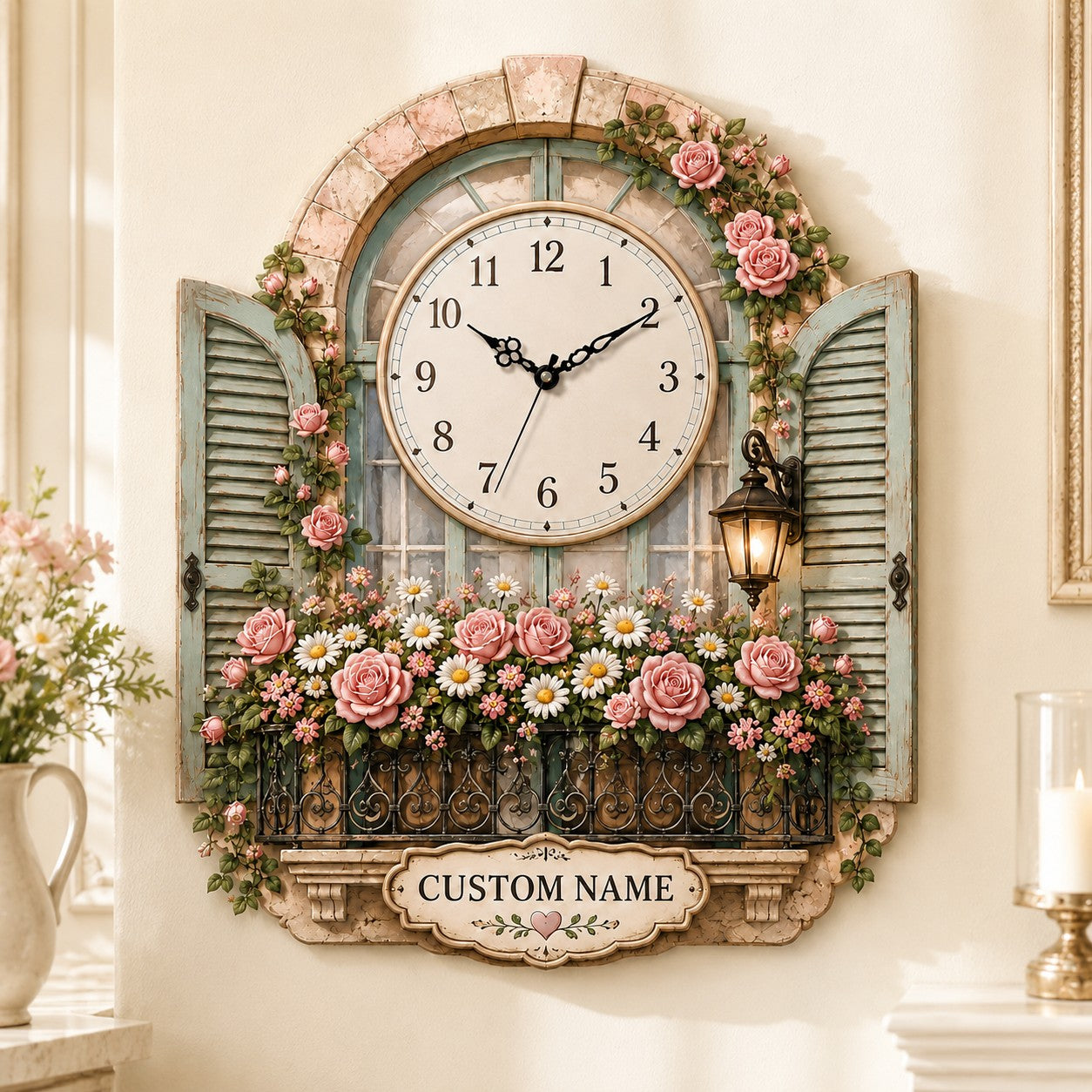 Rose window Custom Name Wall Clock — personalized with a custom name