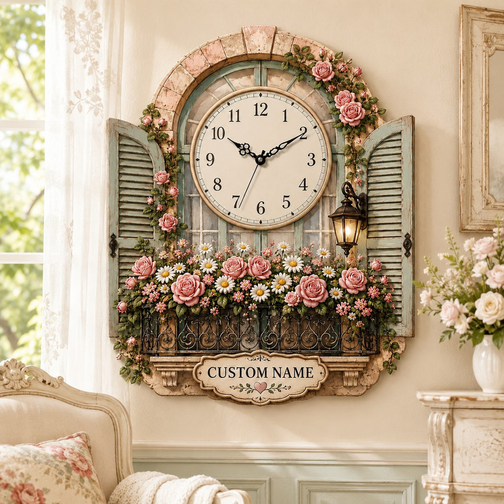 Rose window Custom Name Wall Clock — personalized with a custom name