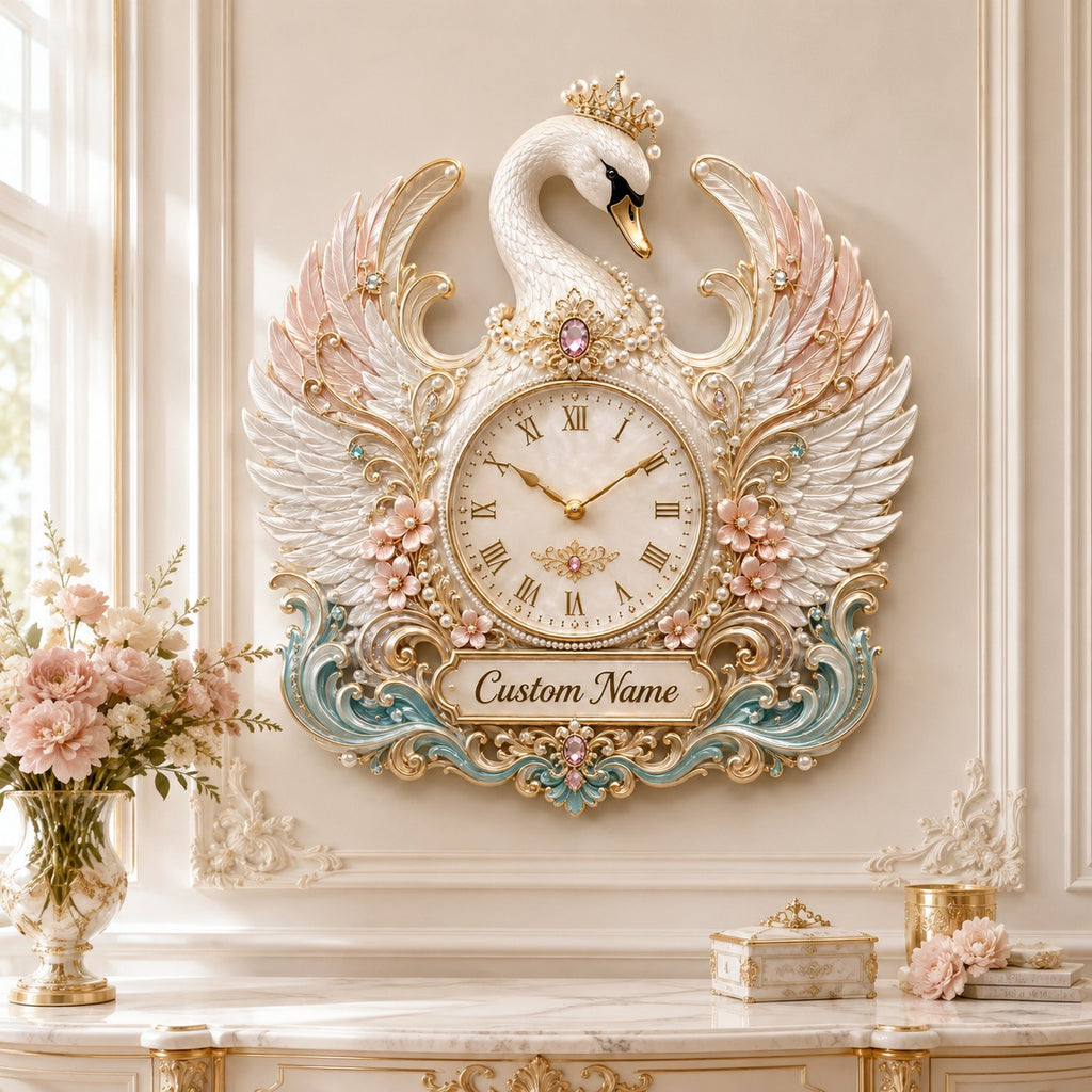 Personalized pearl swan wall clock — personalized with a custom name