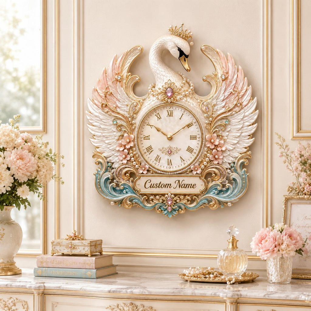Personalized pearl swan wall clock — personalized with a custom name