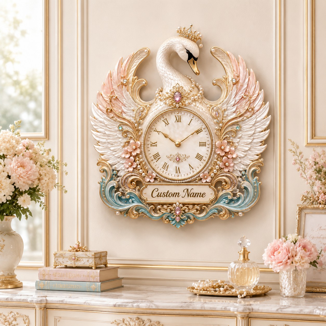 Personalized pearl swan wall clock — personalized with a custom name