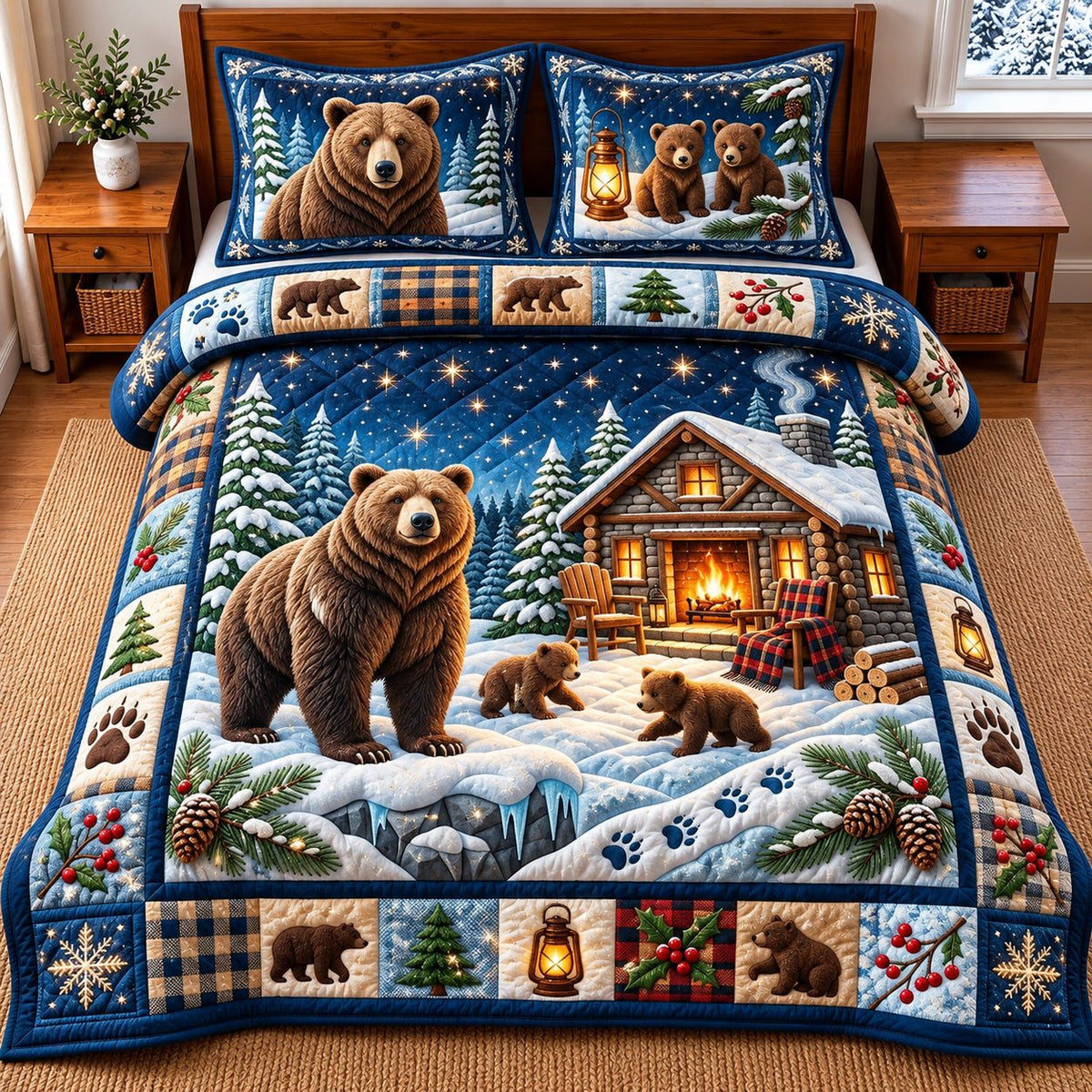 Cabin Bear quilted 3-piece bedding set on a made bed with two matching pillow shams