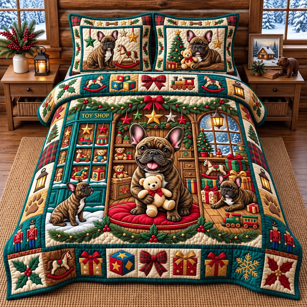 Cabin Bulldog quilted 3-piece bedding set on a made bed with two matching pillow shams