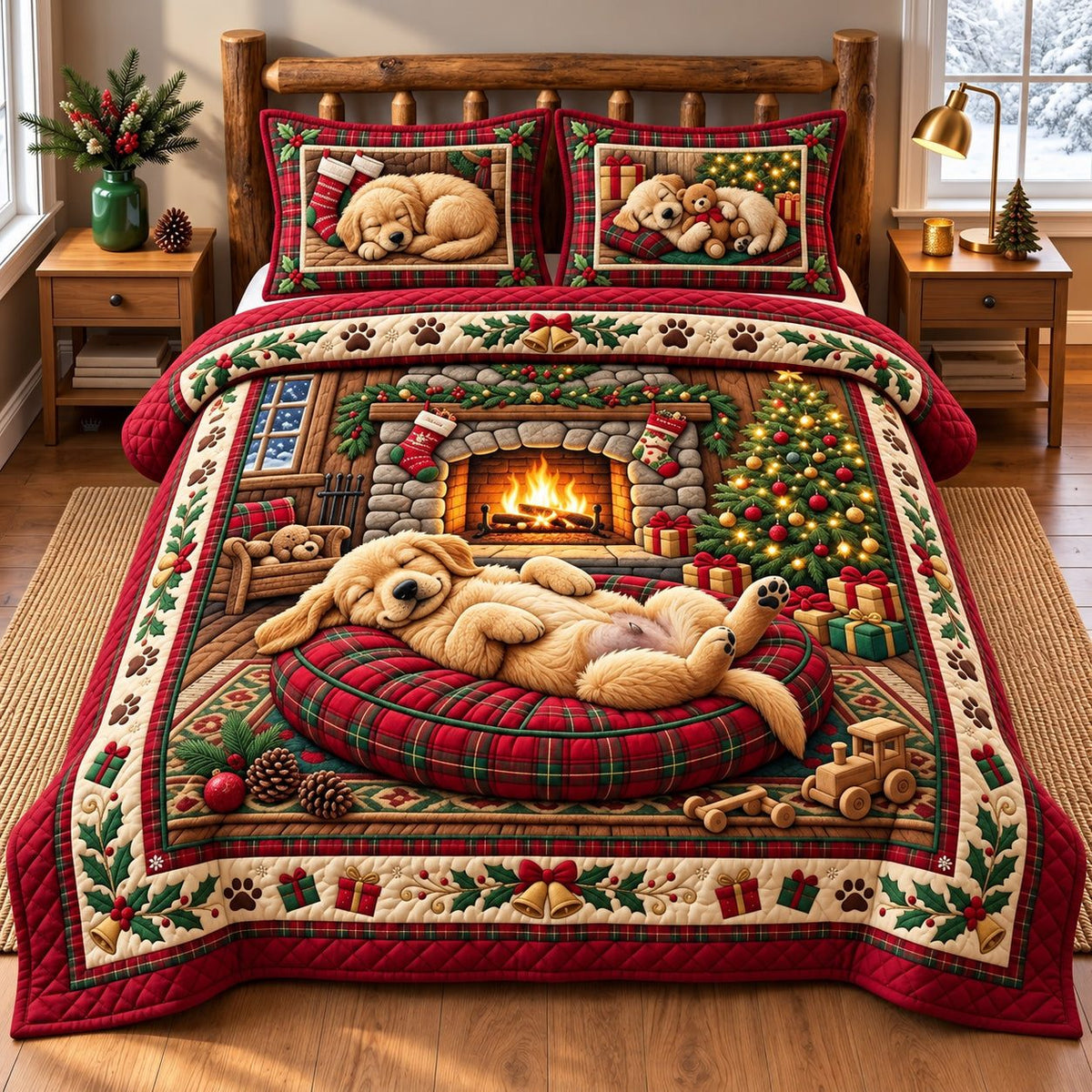 Cabin Golden quilted 3-piece bedding set on a made bed with two matching pillow shams