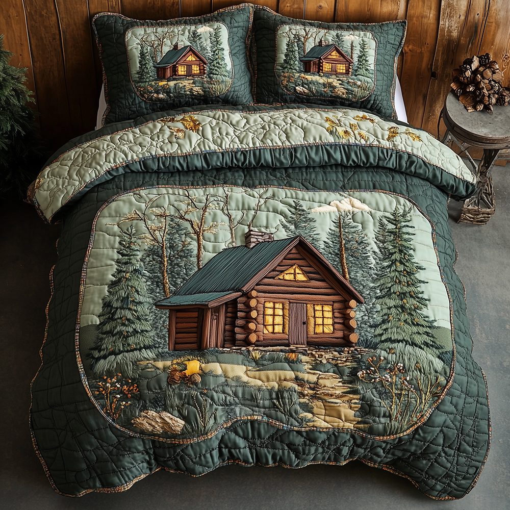 Cabin in Woods 3-Piece Quilted Bedding Set GFTOTL2379 quilted 3-piece bedding set on a made bed with two matching pillow shams