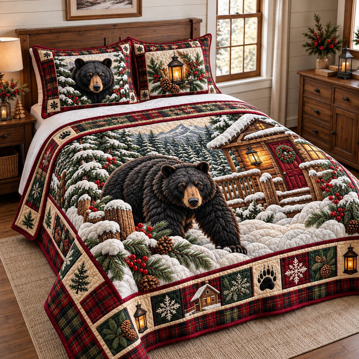 Cabin Porch Black Bear quilted 3-piece bedding set on a made bed with two matching pillow shams