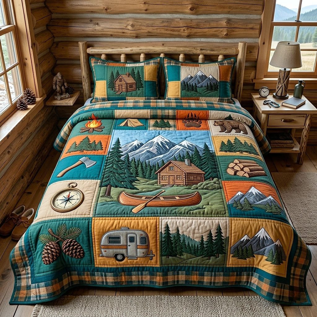 Cabin Retreat 3-Piece Quilted Bedding Set GFTOTP18763 quilted 3-piece bedding set on a made bed with two matching pillow shams