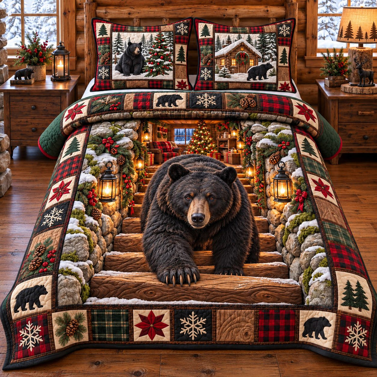 Cabin Stairs Black Bear Holiday quilted 3-piece bedding set on a made bed in a winter-styled bedroom