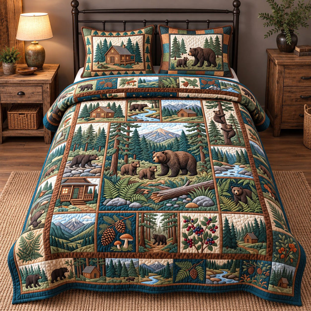 Cabin Stream Forest Patchwork quilted 3-piece bedding set on a made bed in a farmhouse bedroom