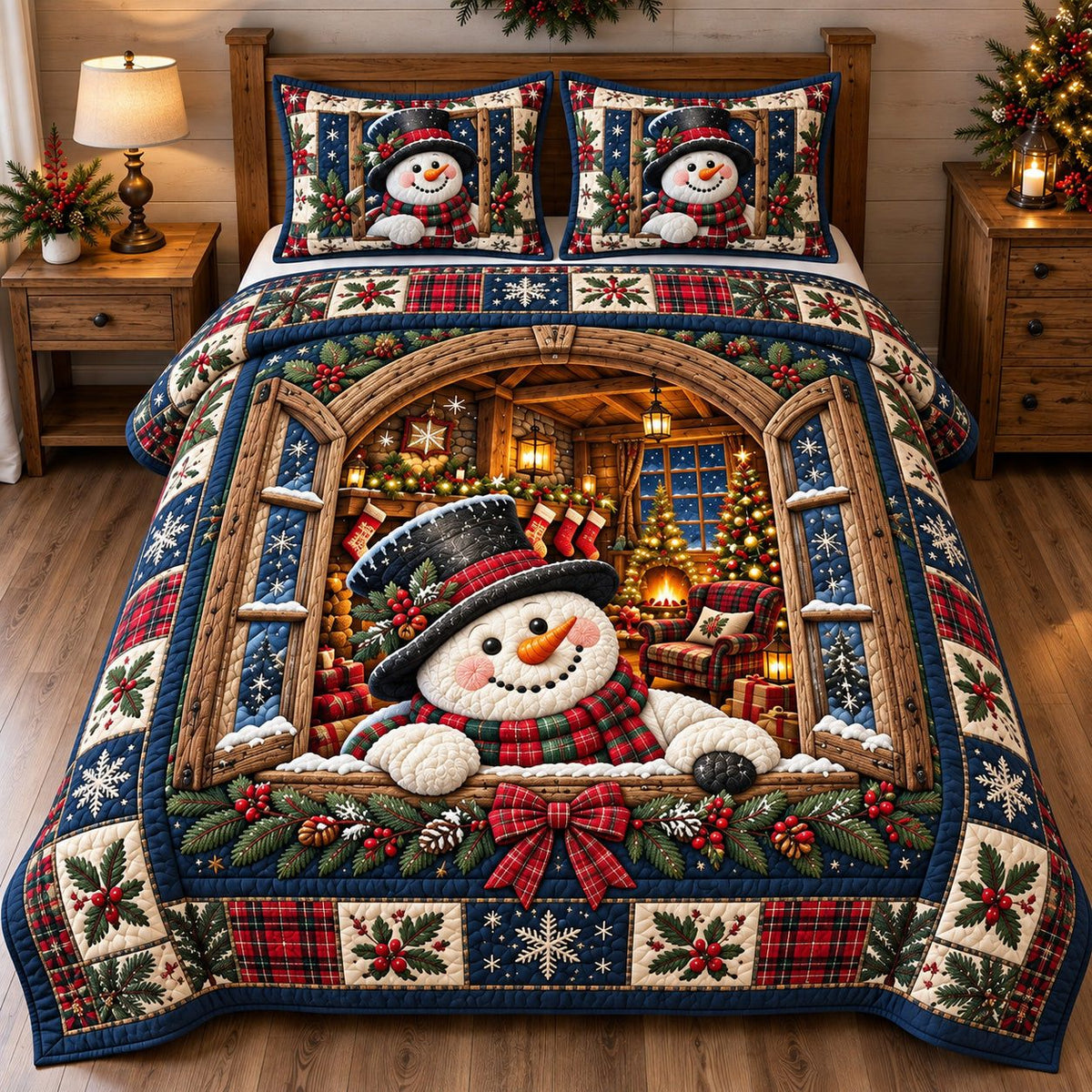 Cabin Window Snowman quilted 3-piece bedding set on a made bed in a winter-styled bedroom