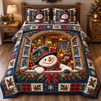 Cabin Window Snowman quilted 3-piece bedding set on a made bed in a winter-styled bedroom