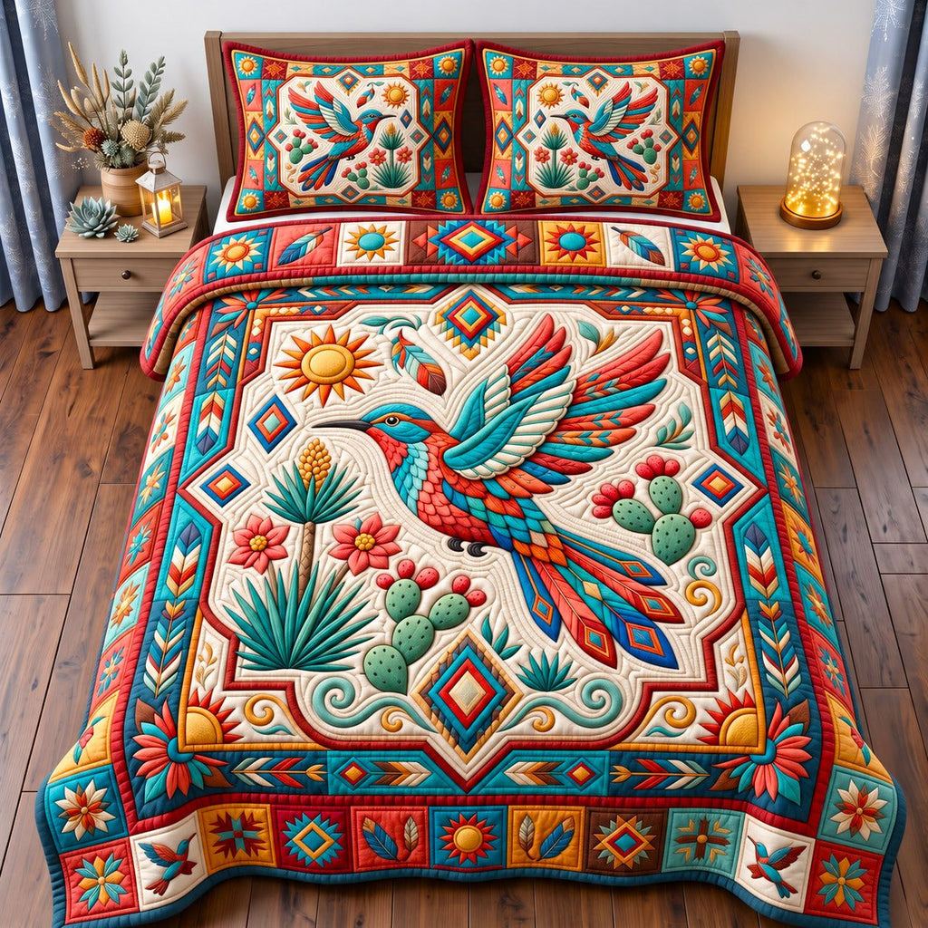 Cactus Garden Sacred Bird quilted 3-piece bedding set on a made bed in a softly lit bedroom