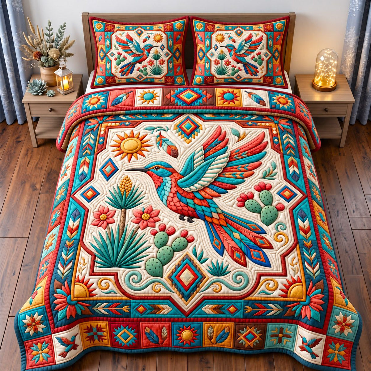 Cactus Garden Sacred Bird quilted 3-piece bedding set on a made bed in a softly lit bedroom