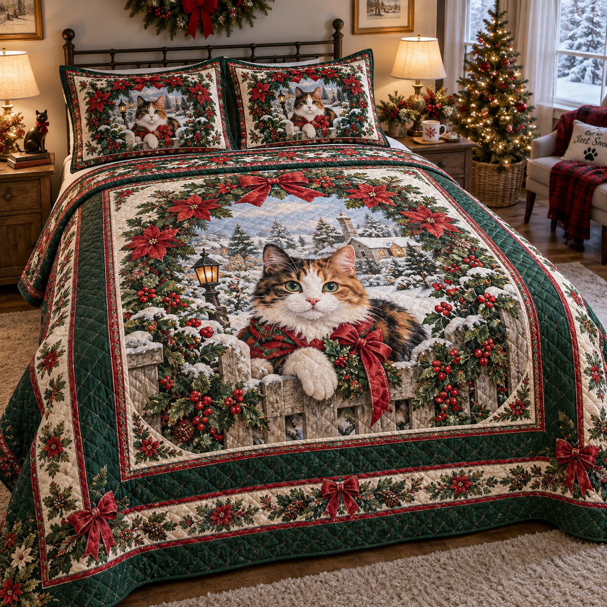 Calico Cat Christmas 3-Piece Quilted Bedding Set — digital product visualization
