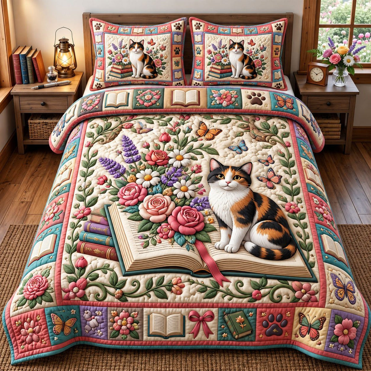 Calico Cat Lavender Book quilted 3-piece bedding set on a made bed with two matching pillow shams