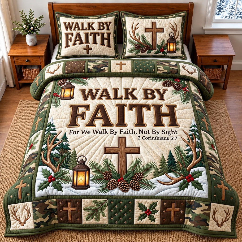 Camo Antler Walk By Faith quilted 3-piece bedding set on a made bed in a softly lit bedroom