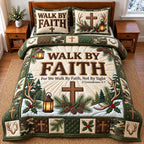 Camo Antler Walk By Faith quilted 3-piece bedding set on a made bed in a softly lit bedroom