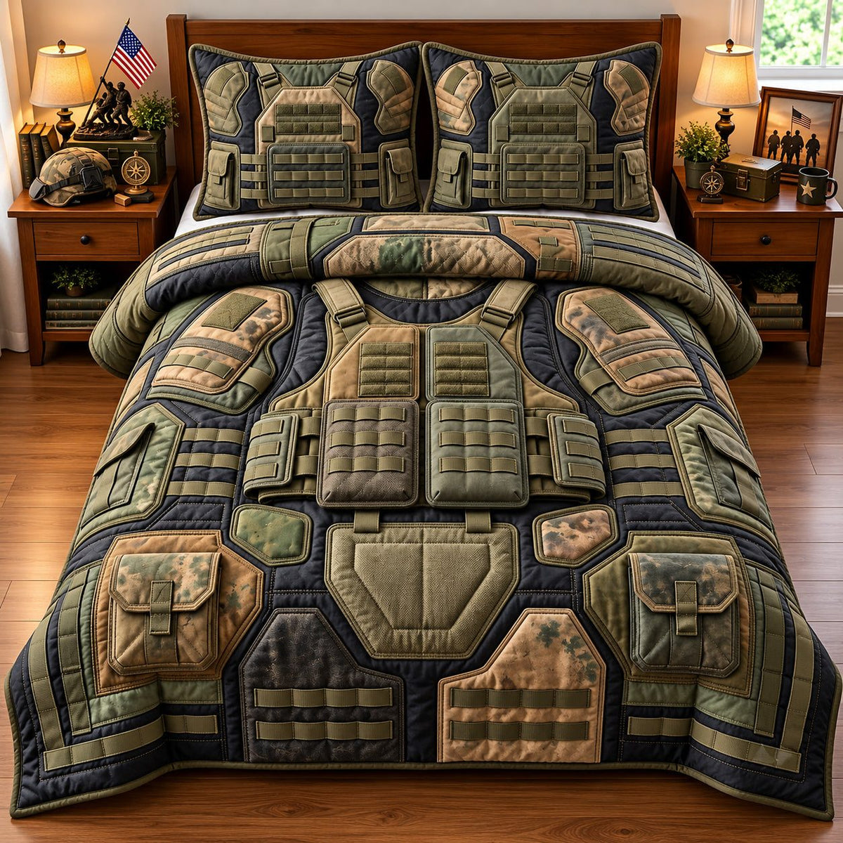 Camo Tactical Vest Military Pride quilted 3-piece bedding set on a made bed in a warmly lit bedroom