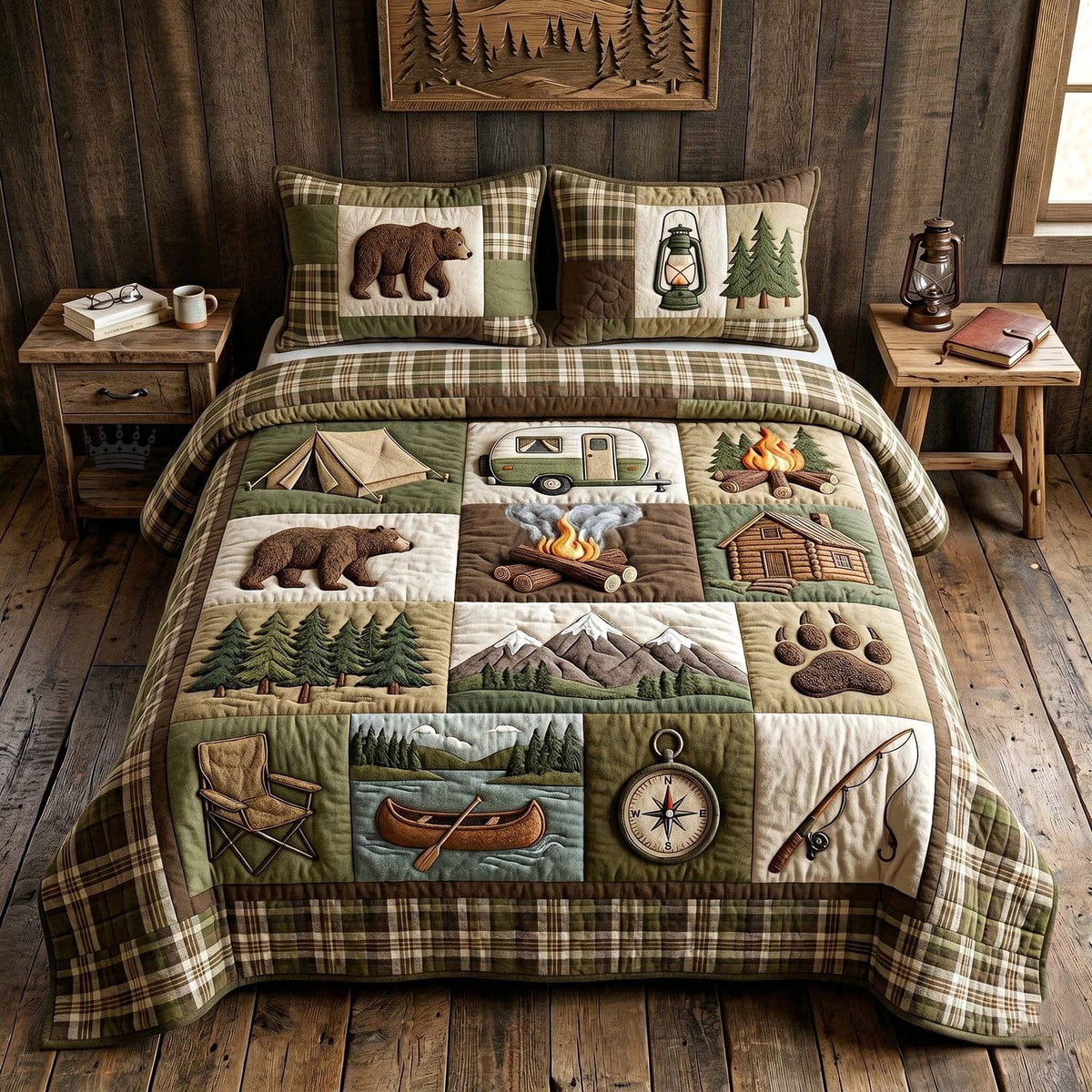 Camp Escape 3-Piece Quilted Bedding Set GFTOTP18531 quilted 3-piece bedding set on a made bed with two matching pillow shams