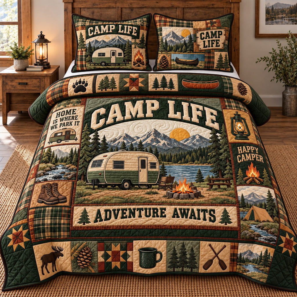Camp Life Adventure Awaits quilted 3-piece bedding set on a made bed in a winter-styled bedroom