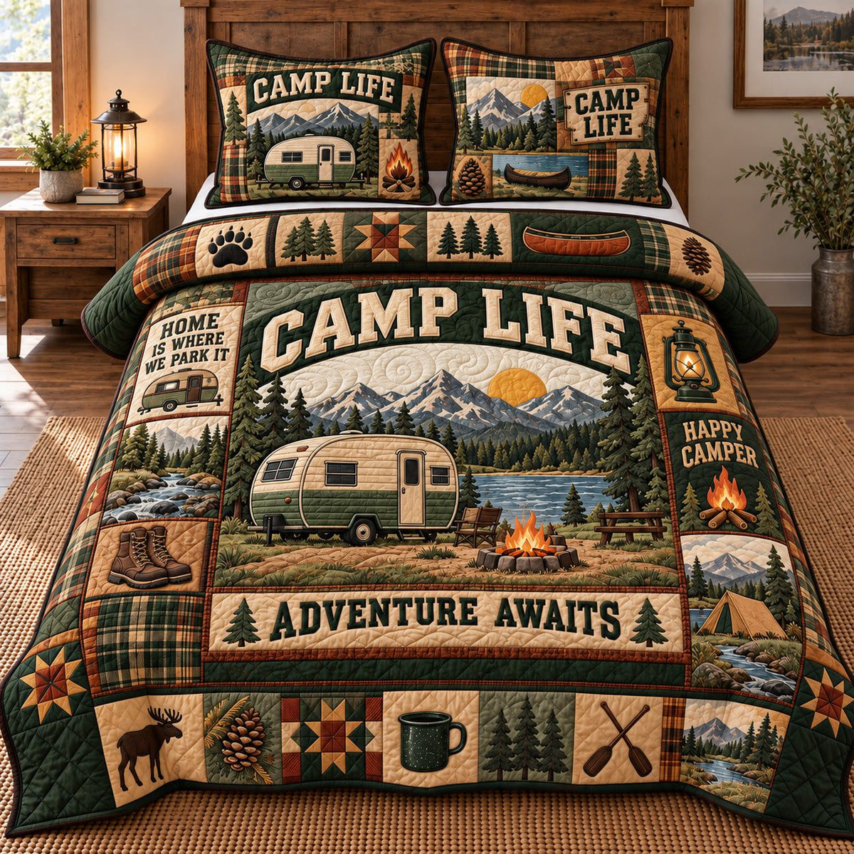 Camp Life Adventure Awaits quilted 3-piece bedding set on a made bed in a winter-styled bedroom