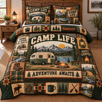 Camp Life Adventure Awaits quilted 3-piece bedding set on a made bed in a winter-styled bedroom