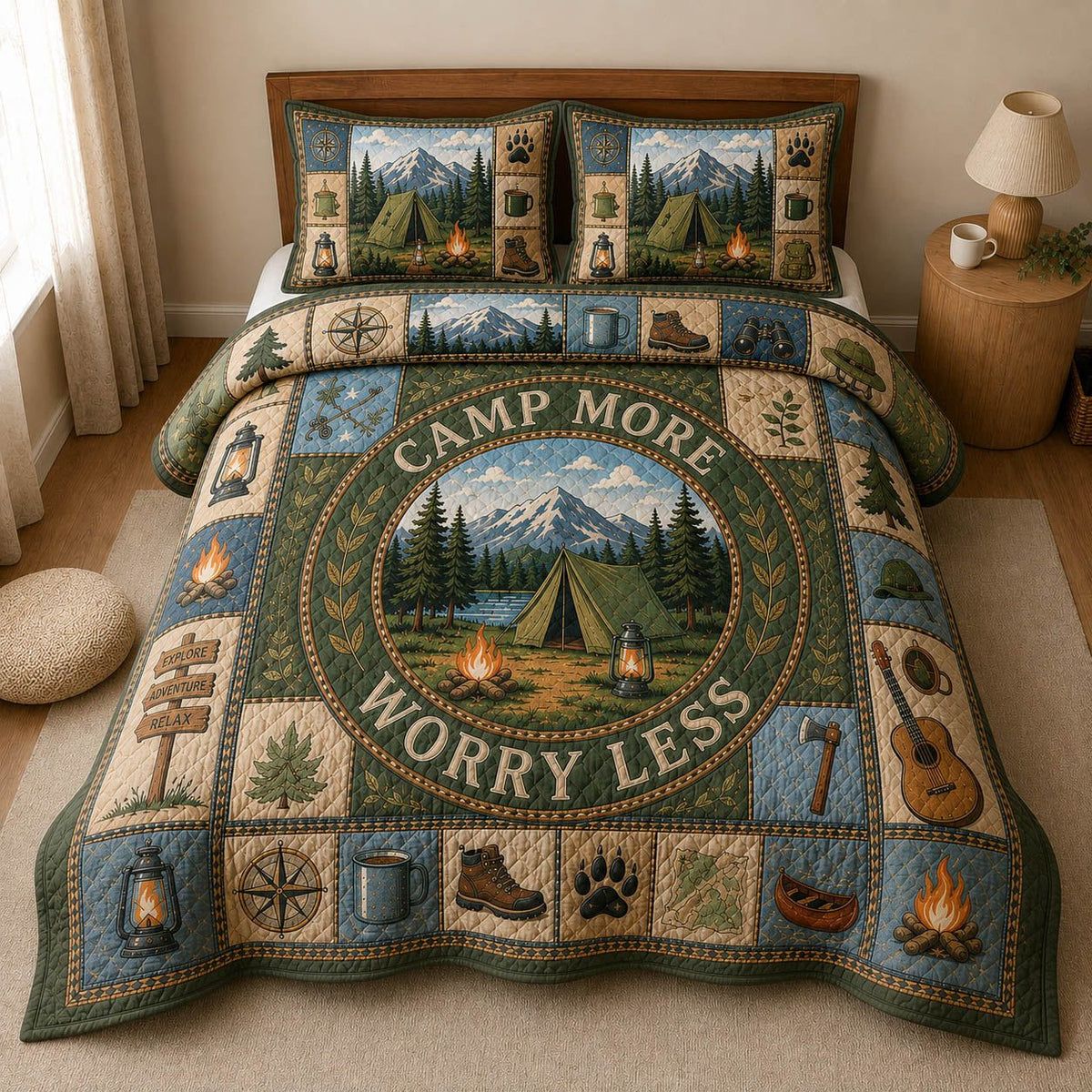 Camp More Worry Less 3-Piece Quilted Bedding Set GFTOLAN489 quilted 3-piece bedding set on a made bed with two matching pillow shams