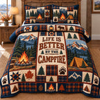 Campfire Banner Mountain Tent quilted 3-piece bedding set on a made bed with two matching pillow shams